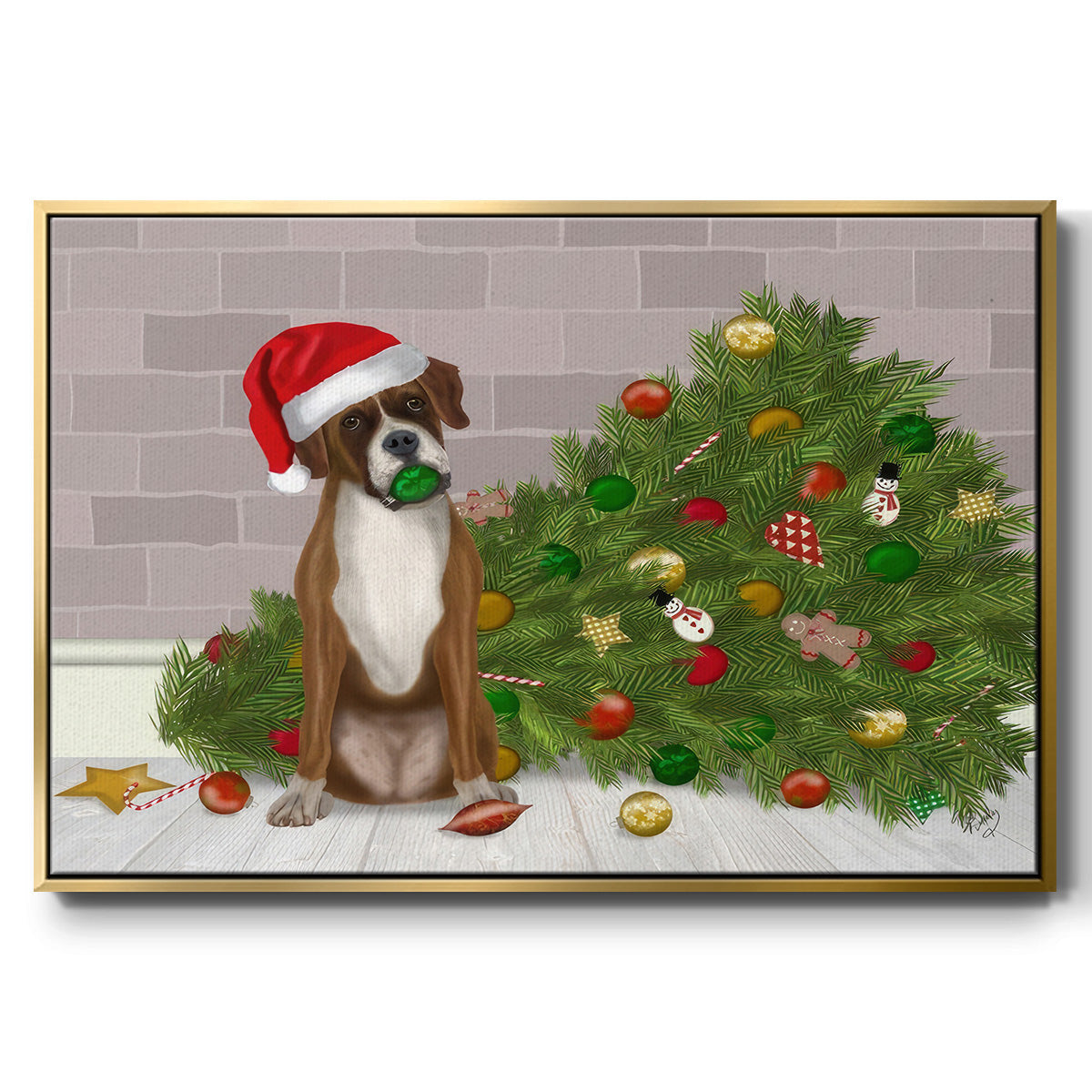 Christmas Boxer and Broken Christmas Tree - Framed Gallery Wrapped Canvas in Floating Frame