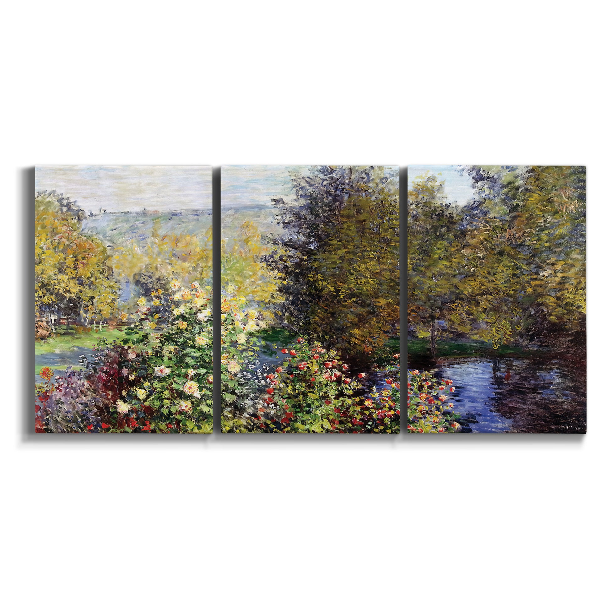 Three-panel canvas wall art featuring garden corner with flowering trees on white background.
