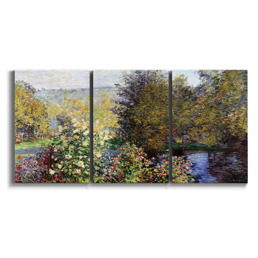 Three-panel canvas wall art featuring garden corner with flowering trees on white background.
