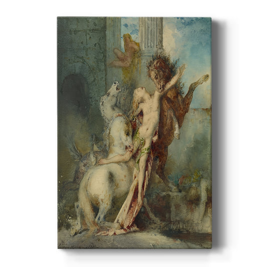 Canvas art print featuring a symbolic scene of a figure attacked by horses in a dramatic landscape on a clean white background.
