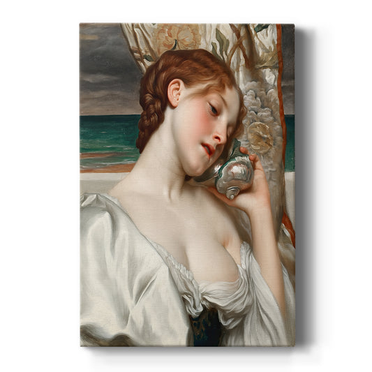 Canvas art print featuring a classical portrait of a woman listening near the sea with flowing drapery on a clean white background.
