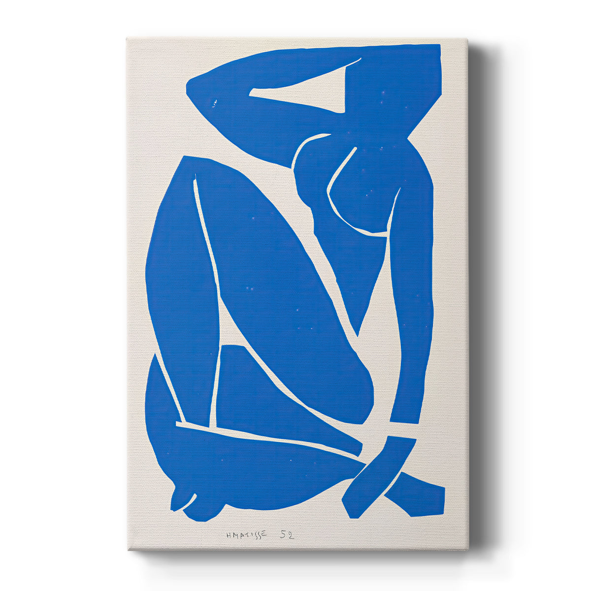 Canvas art print featuring an abstract cut-out figure of a seated nude in bold blue shapes on a clean white background.