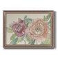 Modern peony floral drawing printed on canvas in an ornate traditional silver frame.