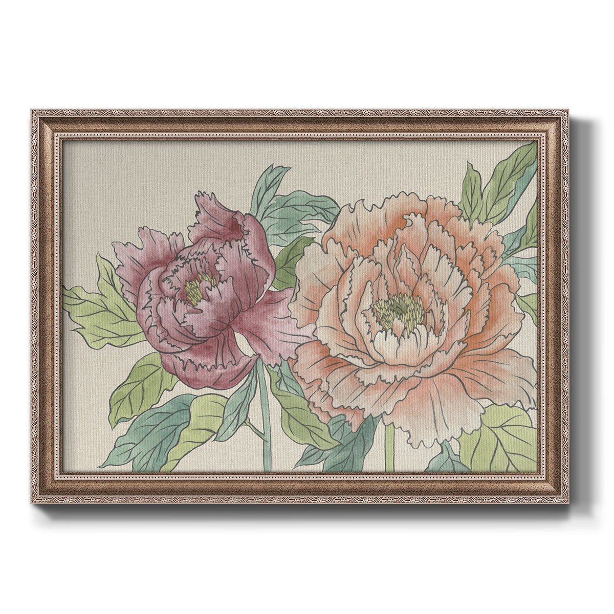 Modern peony floral drawing printed on canvas in an ornate traditional silver frame.