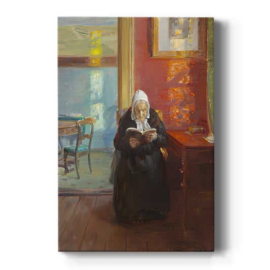 Canvas art print featuring a domestic interior with a woman reading in a red-toned room with soft light on a clean white background.