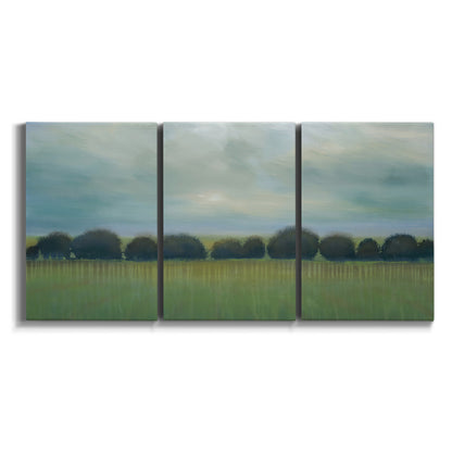 Three-panel canvas wall art featuring rolling green pastoral fields on white background.