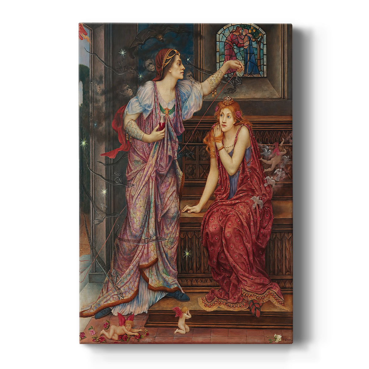 Canvas art print featuring a symbolic scene of two women in a richly detailed interior setting on a clean white background.