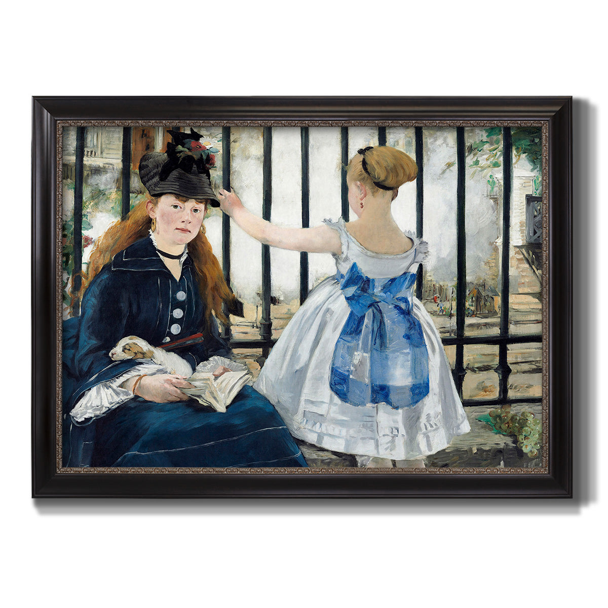 Impressionist urban scene near a railway by Édouard Manet printed on canvas in an ornate black frame with gilded inner detail.