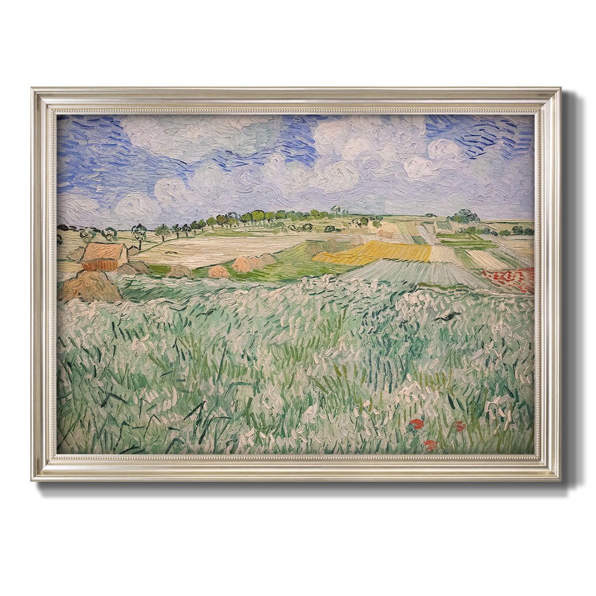 Impressionist countryside landscape near Auvers by Vincent van Gogh printed on canvas in an ornate champagne frame.