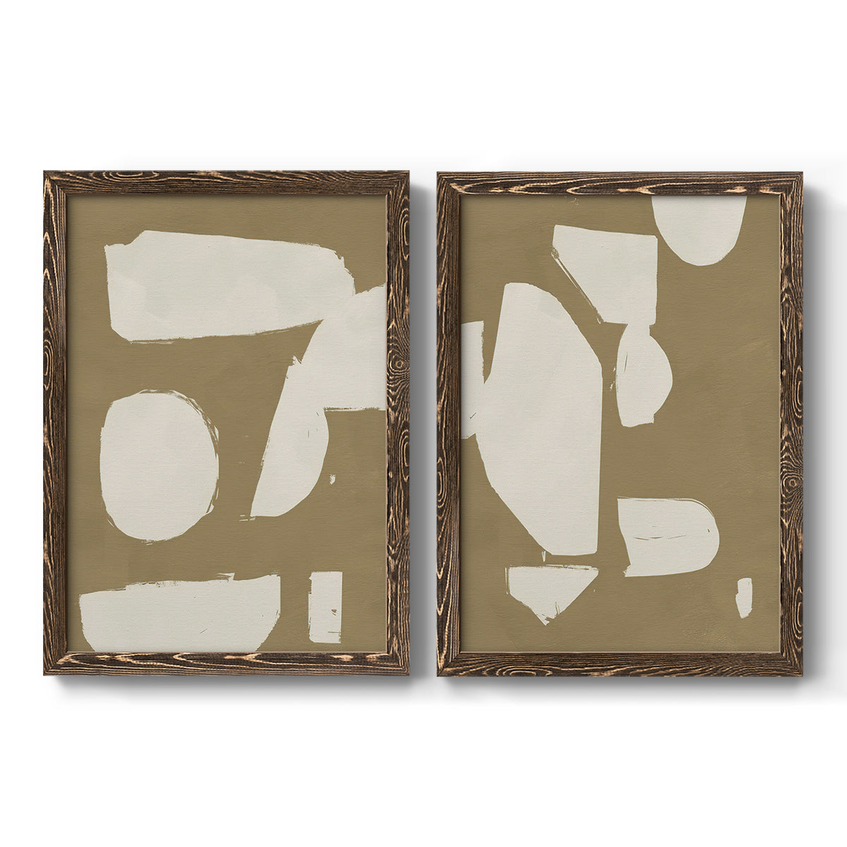Set of two walnut barnwood framed canvas prints featuring two bold minimalist shape abstracts featuring irregular white cutout-like shapes on taupe grounds.