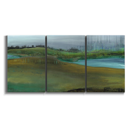 Three-panel canvas wall art featuring quiet contemplative landscape scene on white background.