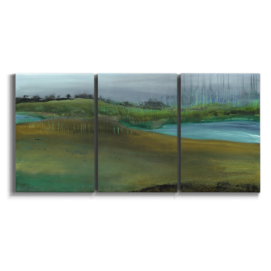 Three-panel canvas wall art featuring quiet contemplative landscape scene on white background.