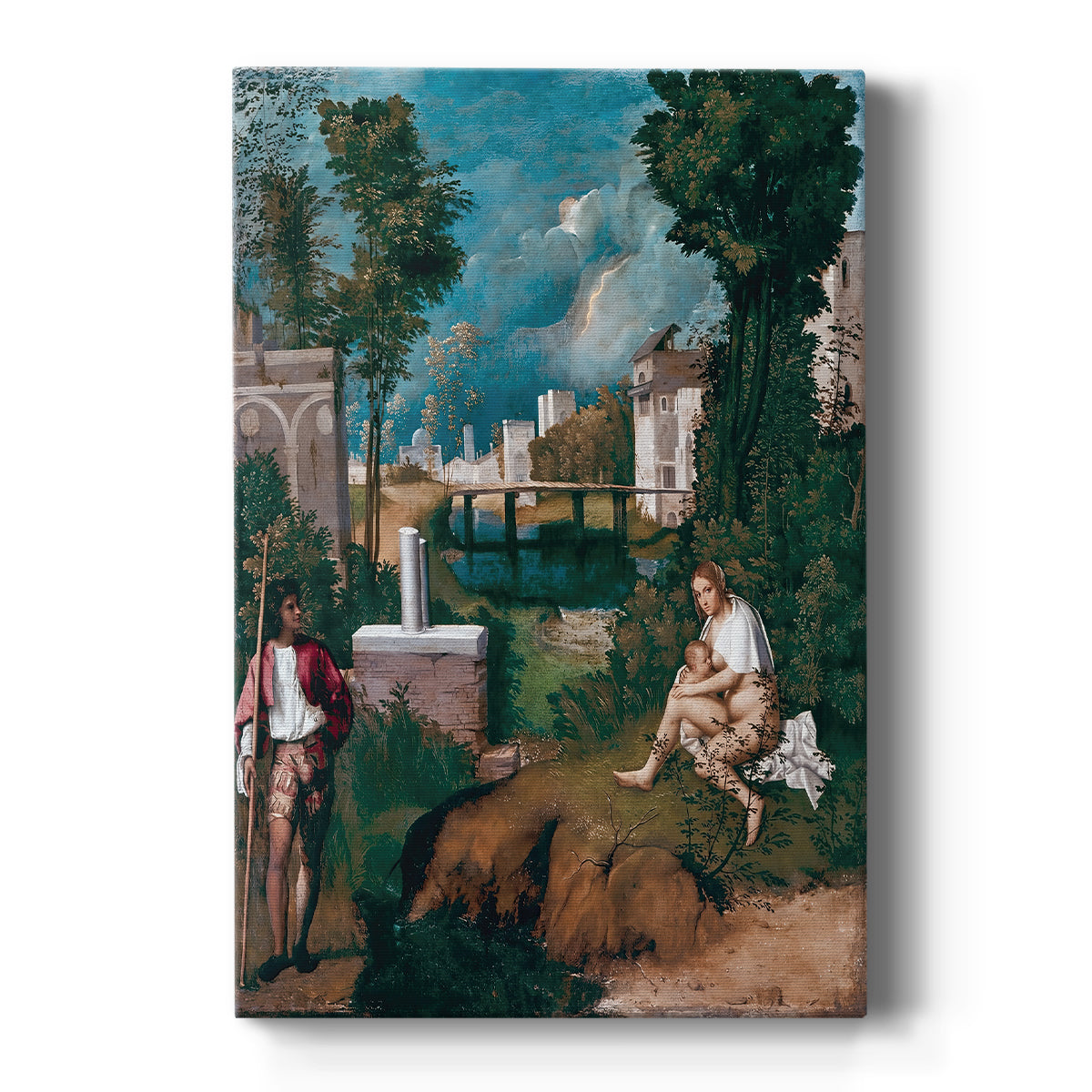 Canvas art print featuring a Renaissance landscape with a stormy sky and figures in a natural setting on a clean white background.