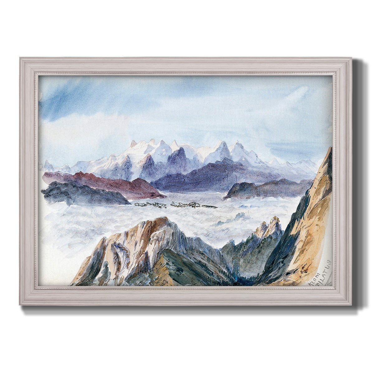 Impressionist alpine mountain landscape by John Singer Sargent printed on canvas in an ornate weathered white frame.