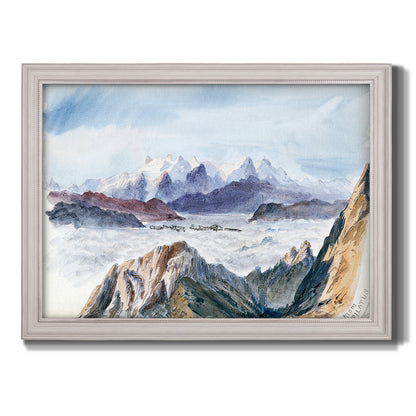 Impressionist alpine mountain landscape by John Singer Sargent printed on canvas in an ornate weathered white frame.