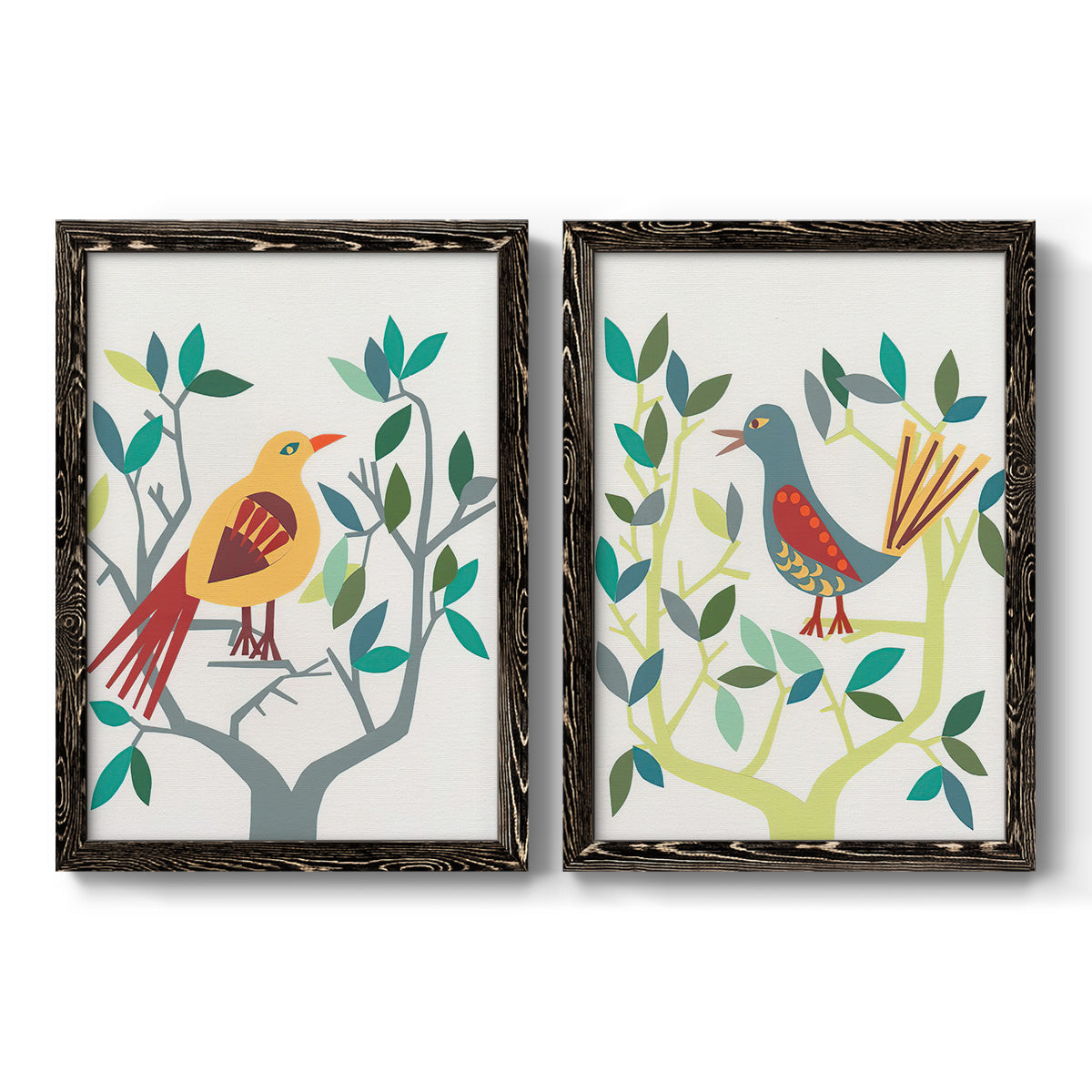 Set of two black barnwood framed canvas prints featuring two modern folk-art bird illustrations featuring stylized colorful birds perched among leafy branches.