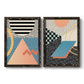 Set of two black barnwood framed canvas prints featuring two retro graphic abstracts featuring bold geometric Memphis-style patterns.