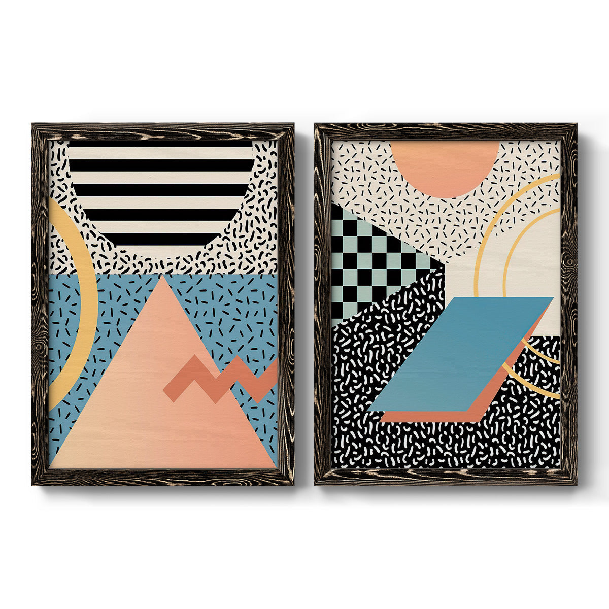 Set of two black barnwood framed canvas prints featuring two retro graphic abstracts featuring bold geometric Memphis-style patterns.