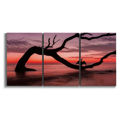 Three-panel canvas wall art featuring sunset beach photography on white background.