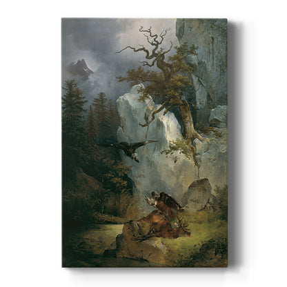 Canvas art print featuring a realistic wildlife scene of a vulture perched on a deer in a rugged landscape on a clean white background.