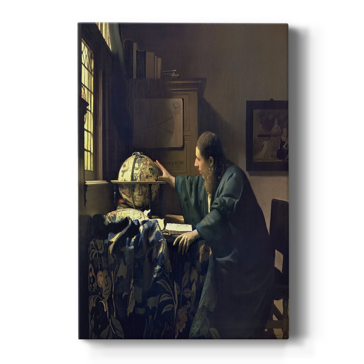 Canvas art print featuring a Baroque interior of a man studying celestial objects by window light on a clean white background.