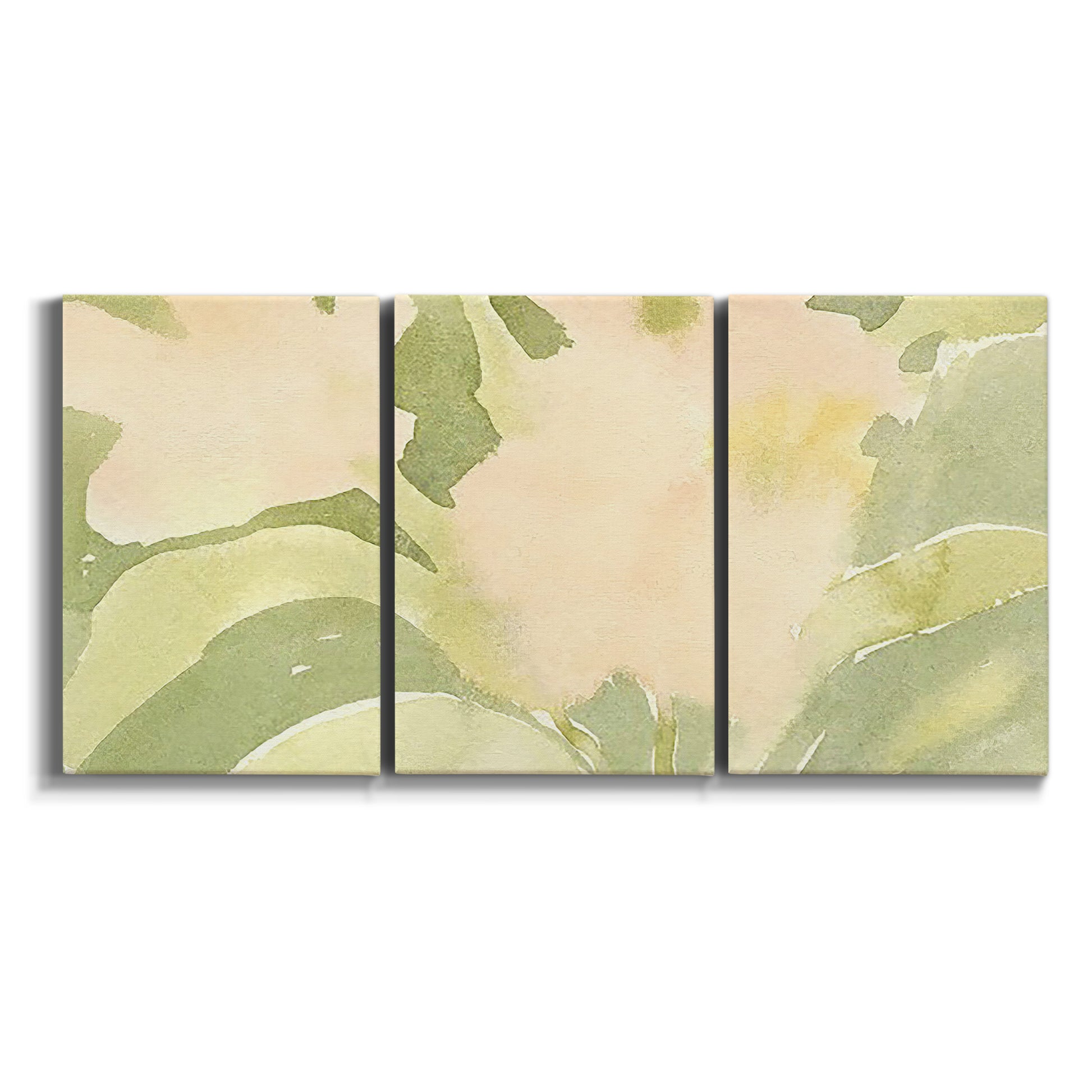 Three-panel canvas wall art featuring minimal verdant floral abstraction on white background.