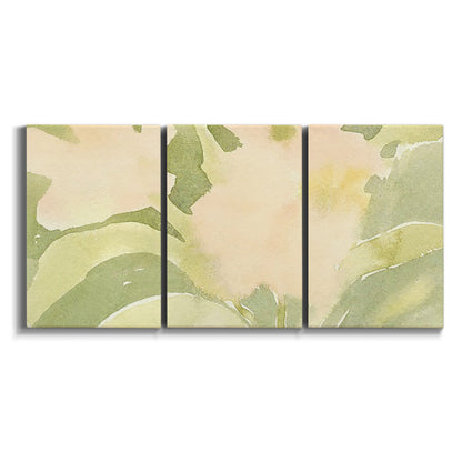 Three-panel canvas wall art featuring minimal verdant floral abstraction on white background.