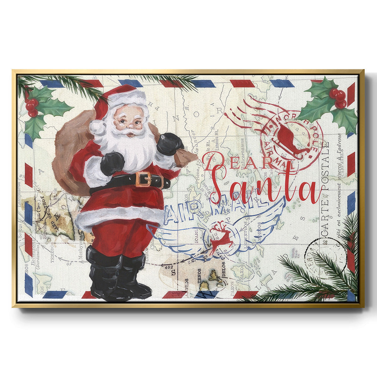 Christmas Par Avion Collection A - Framed Gallery Wrapped Canvas in Floating Frame