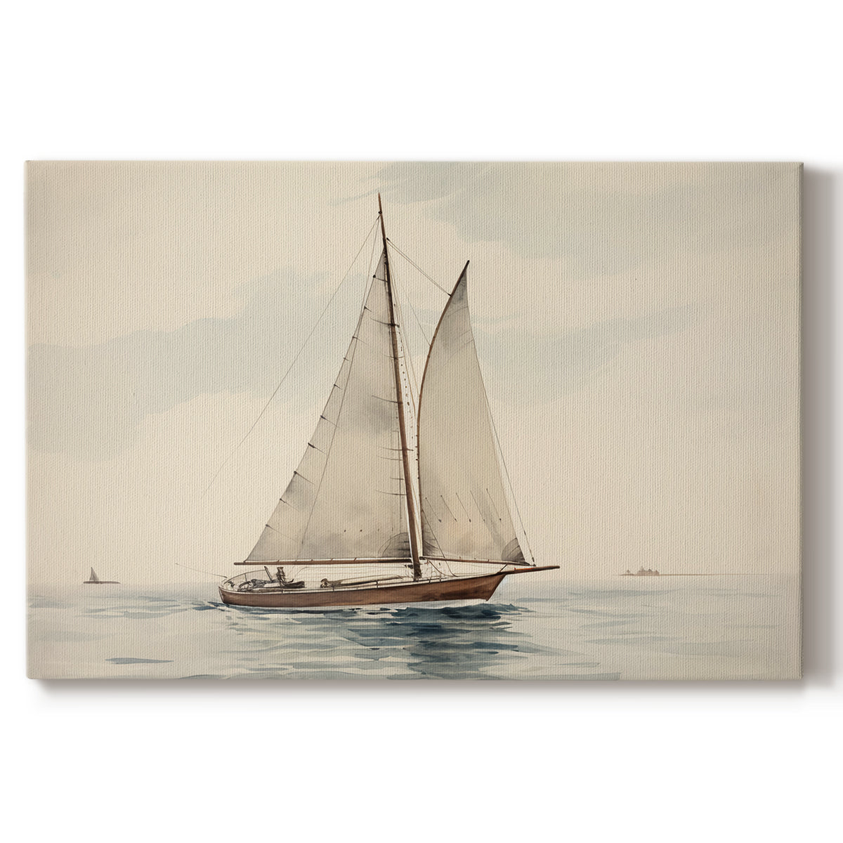Sailboat gliding across calm waters under a cloudy sky during daytime in a coastal setting