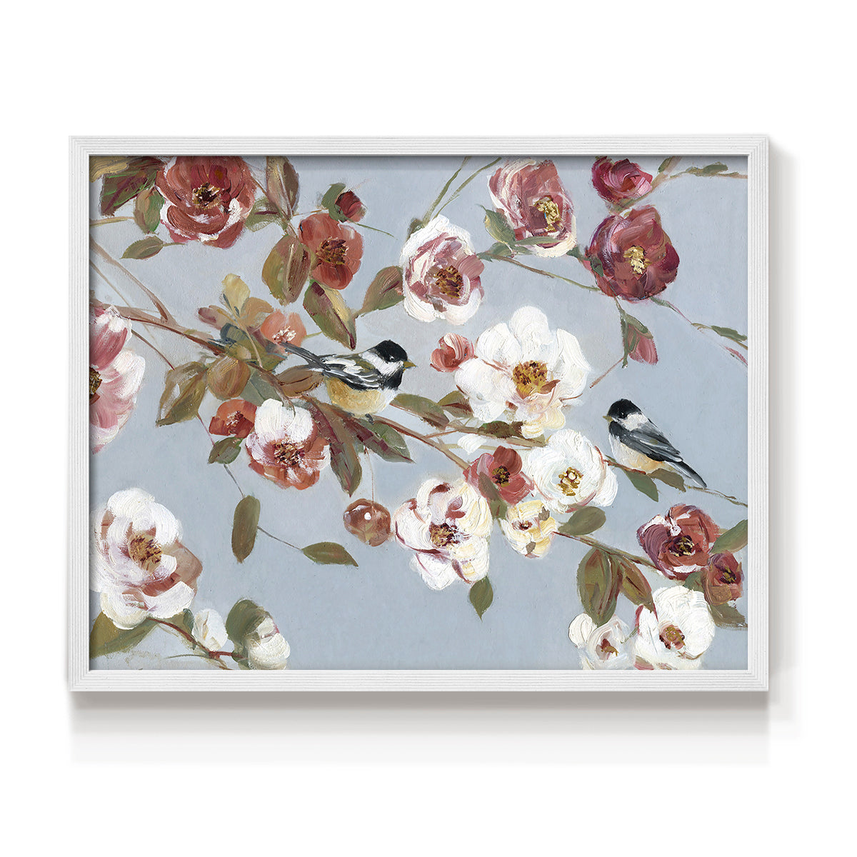 Chickadees and Blossoms II - Restickable Framed Art Print