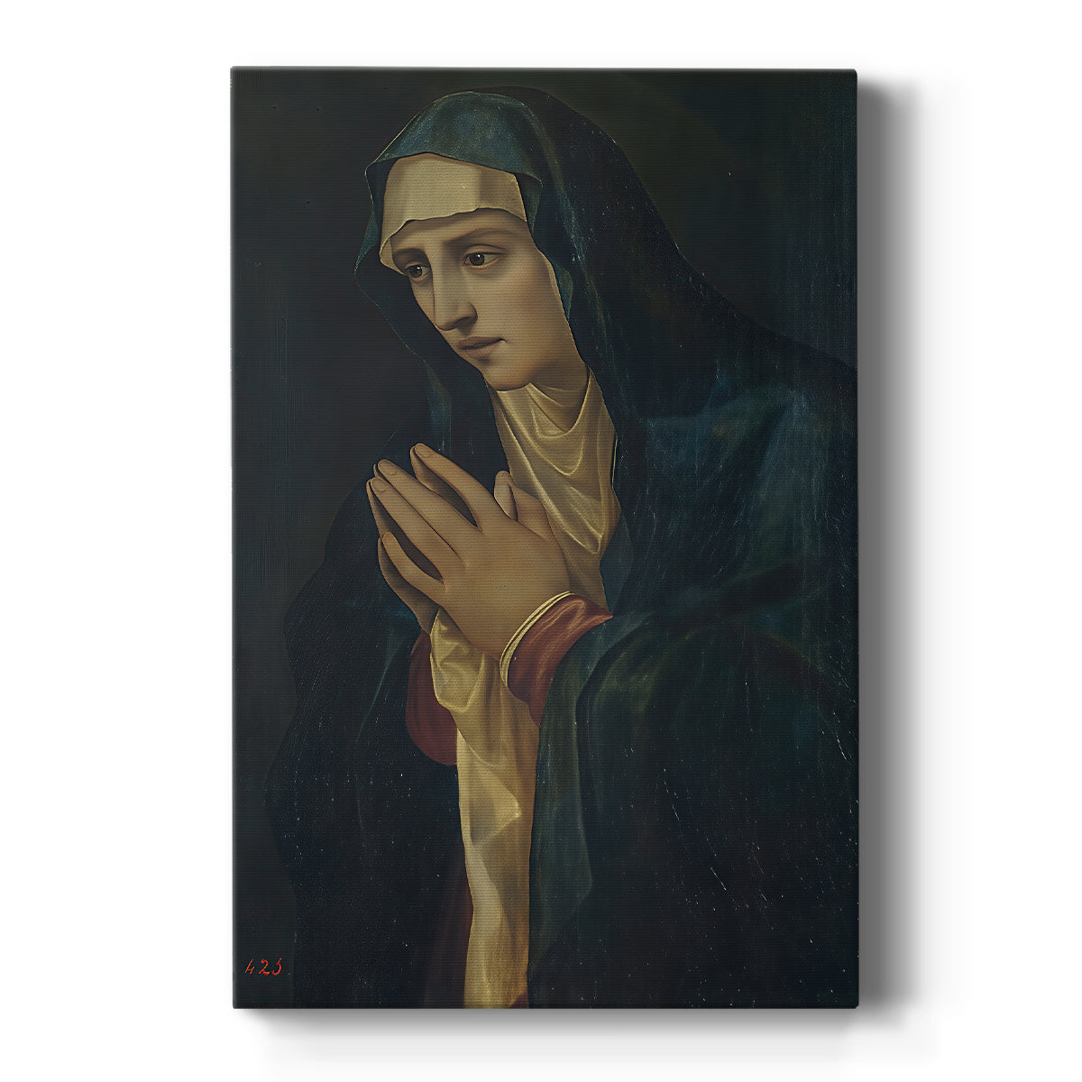 Canvas art print featuring a Renaissance portrait of the Virgin Mary with bowed head and soft light on a clean white background.