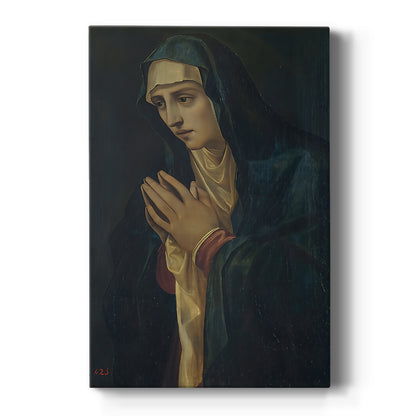 Canvas art print featuring a Renaissance portrait of the Virgin Mary with bowed head and soft light on a clean white background.