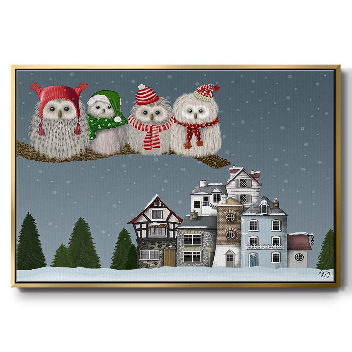 Christmas Christmas Owl Village - Framed Gallery Wrapped Canvas in Floating Frame