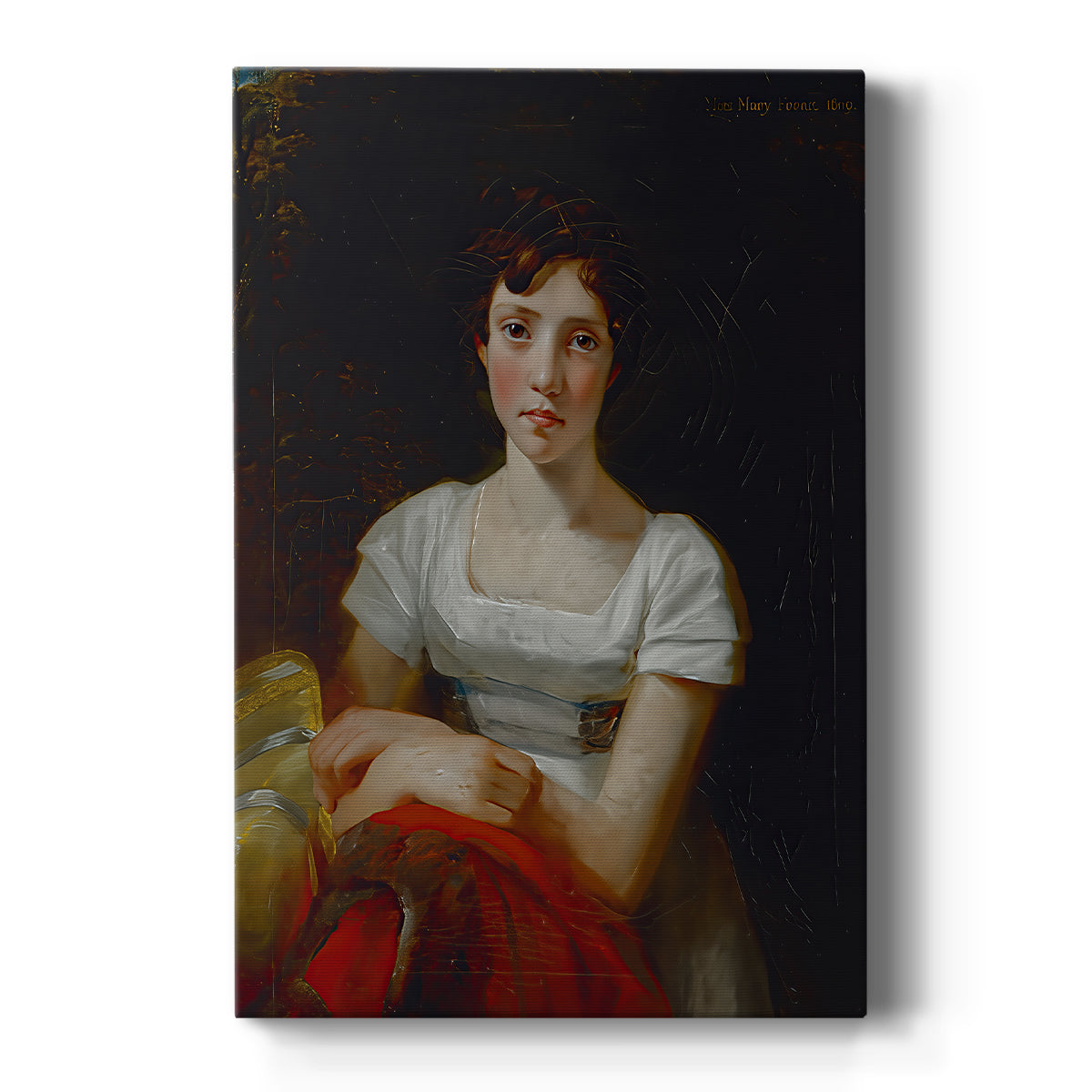Canvas art print featuring a realistic portrait of a woman with warm tones and composed expression on a clean white background.