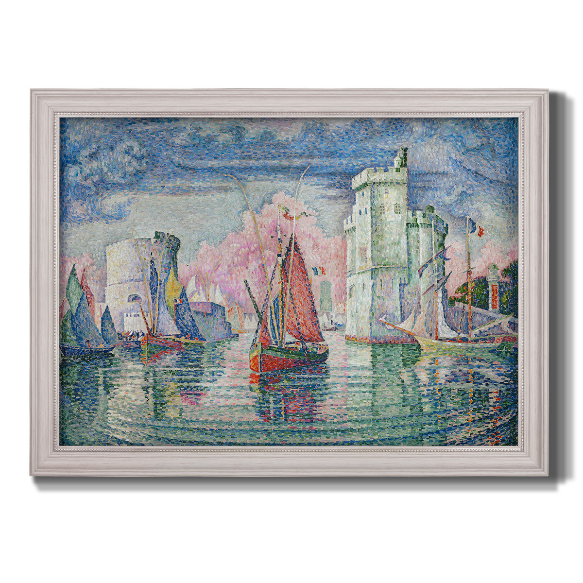 Impressionist harbor scene by Paul Signac printed on canvas in an ornate weathered white frame.