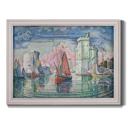 Impressionist harbor scene by Paul Signac printed on canvas in an ornate weathered white frame.