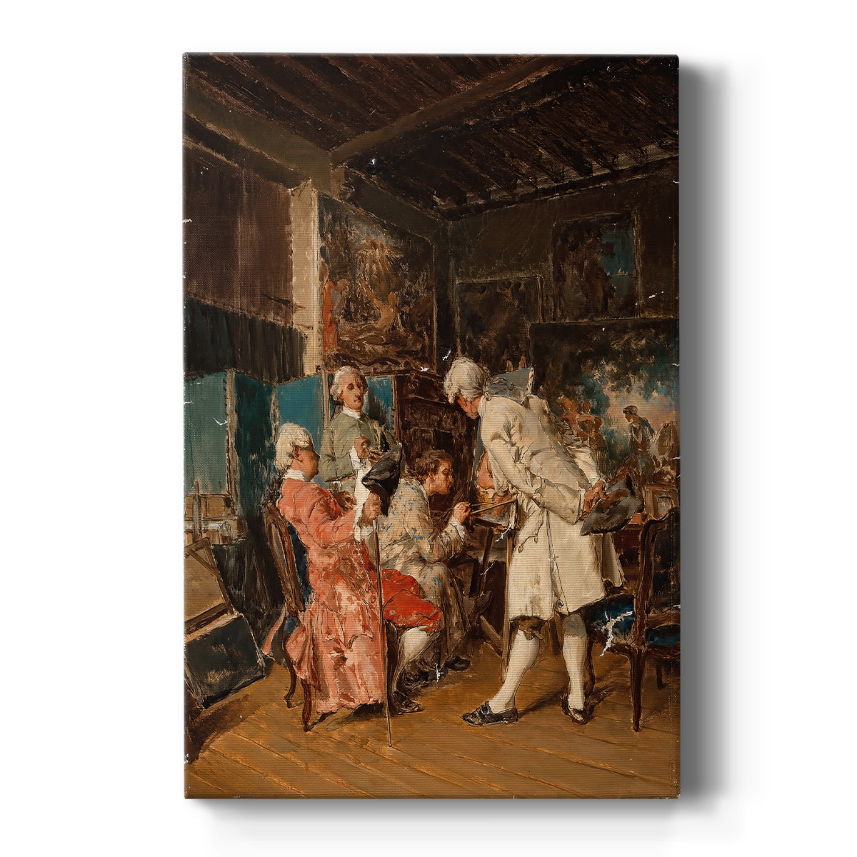Canvas art print featuring a realistic interior scene of figures examining paintings in a refined setting on a clean white background.