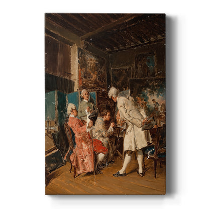 Canvas art print featuring a realistic interior scene of figures examining paintings in a refined setting on a clean white background.