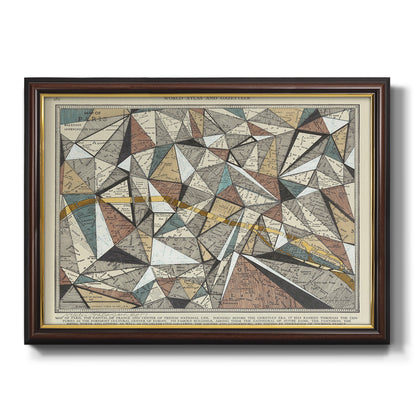 Modern abstract map artwork of Paris printed on canvas in an ornate mahogany wood frame with gold liner.