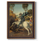 Religious painting of Saint George slaying the dragon by Raphael printed on canvas in an ornate bronzed mahogany wood frame with a vertical orientation.
