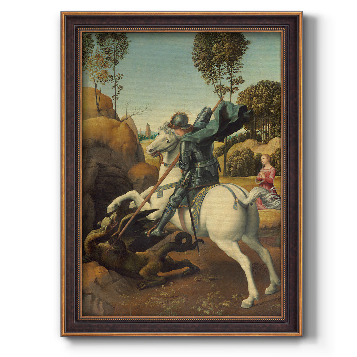 Religious painting of Saint George slaying the dragon by Raphael printed on canvas in an ornate bronzed mahogany wood frame with a vertical orientation.