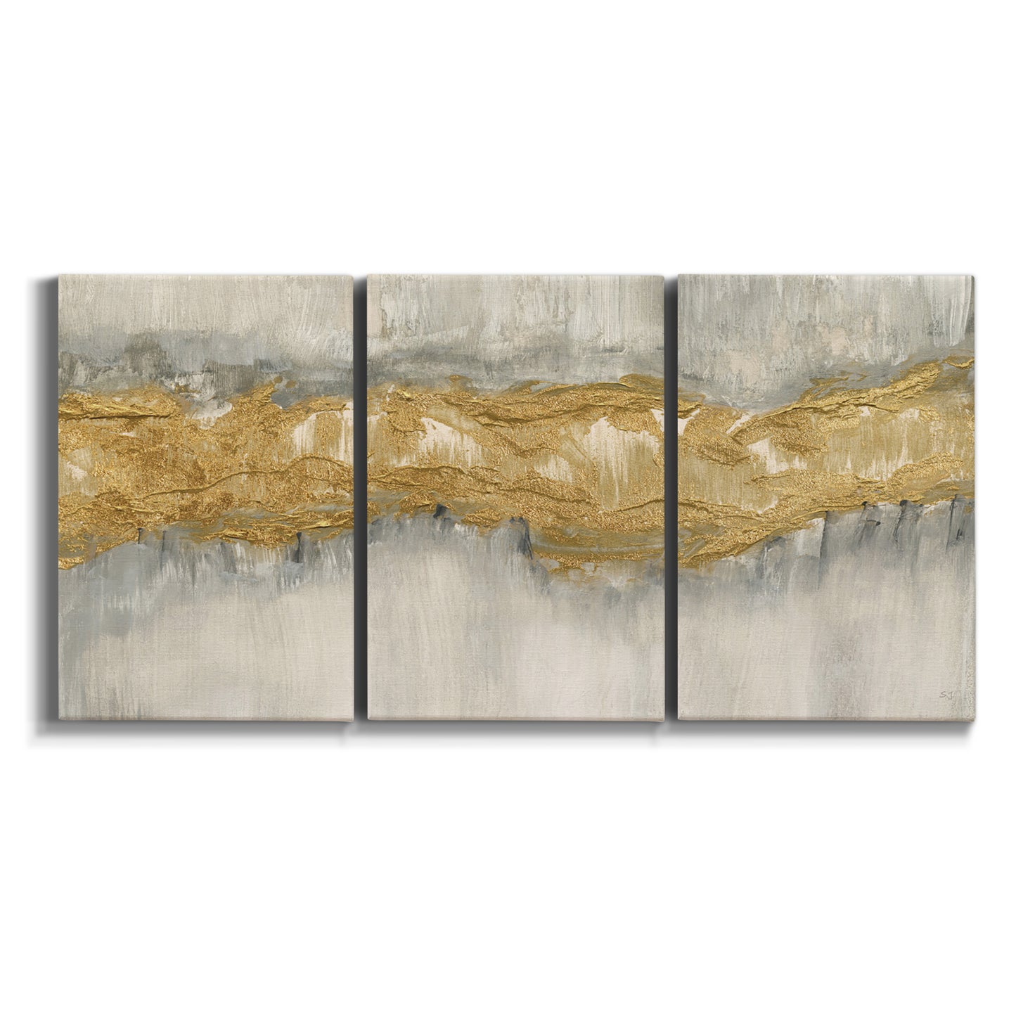 Three-panel canvas wall art featuring flowing abstract golden tones on white background.
