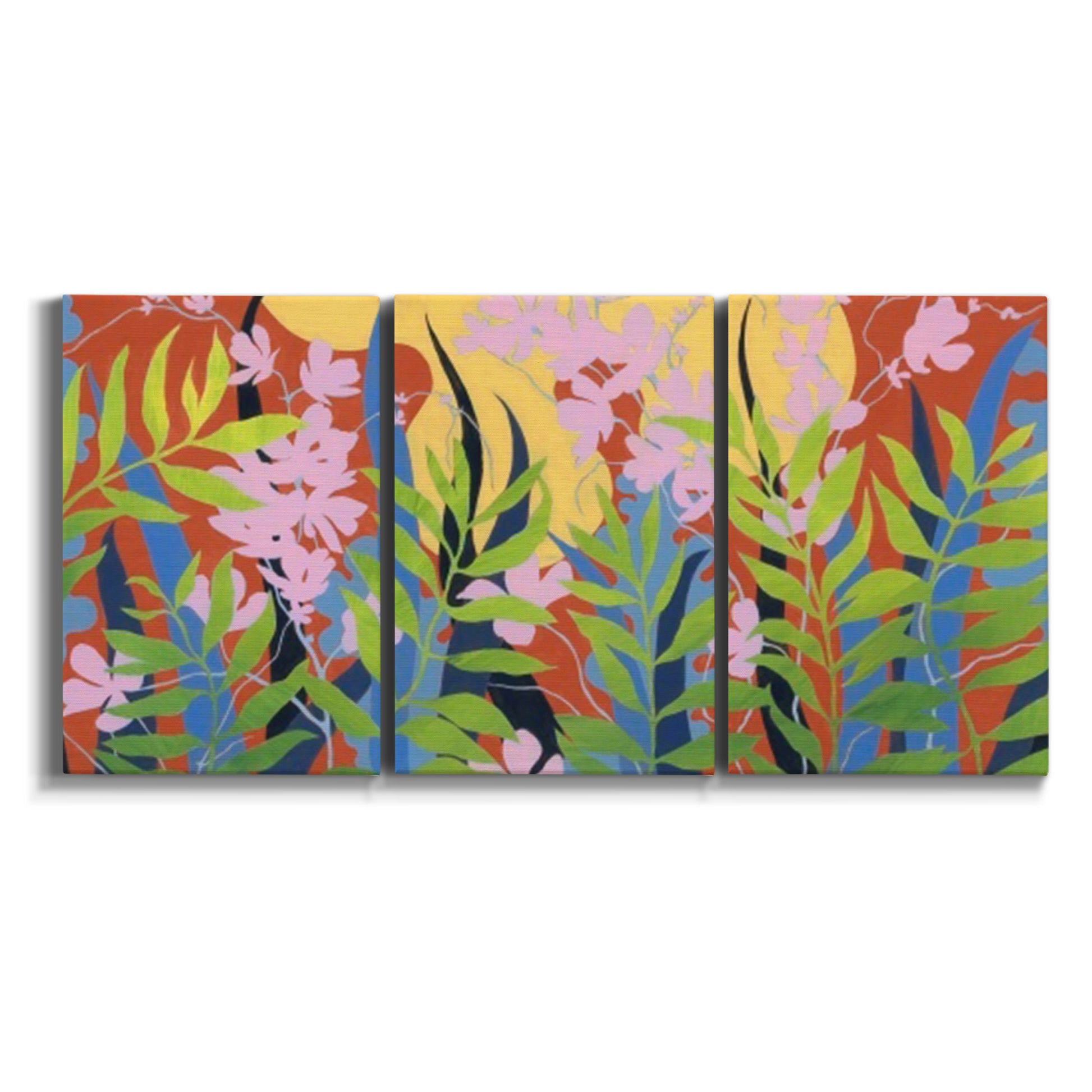 Three-panel canvas wall art featuring bold colorful floral abstraction on white background.