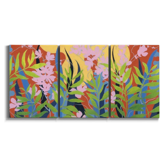 Three-panel canvas wall art featuring bold colorful floral abstraction on white background.