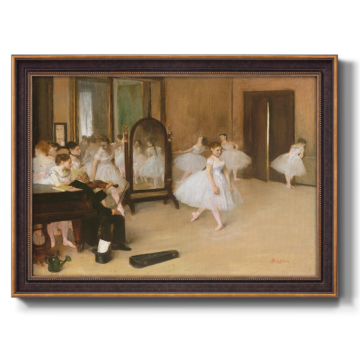 Impressionist dance class interior scene by Edgar Degas printed on canvas in an ornate bronzed mahogany wood frame.