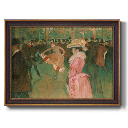 Impressionist nightlife dance scene by Henri de Toulouse-Lautrec printed on canvas in an ornate bronzed mahogany wood frame.