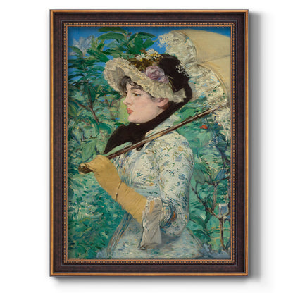 Impressionist portrait symbolizing spring by Édouard Manet printed on canvas in an ornate weathered white frame with a vertical orientation.