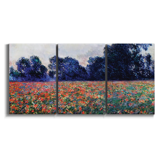 Three-panel canvas wall art featuring poppies blooming across giverny fields on white background.