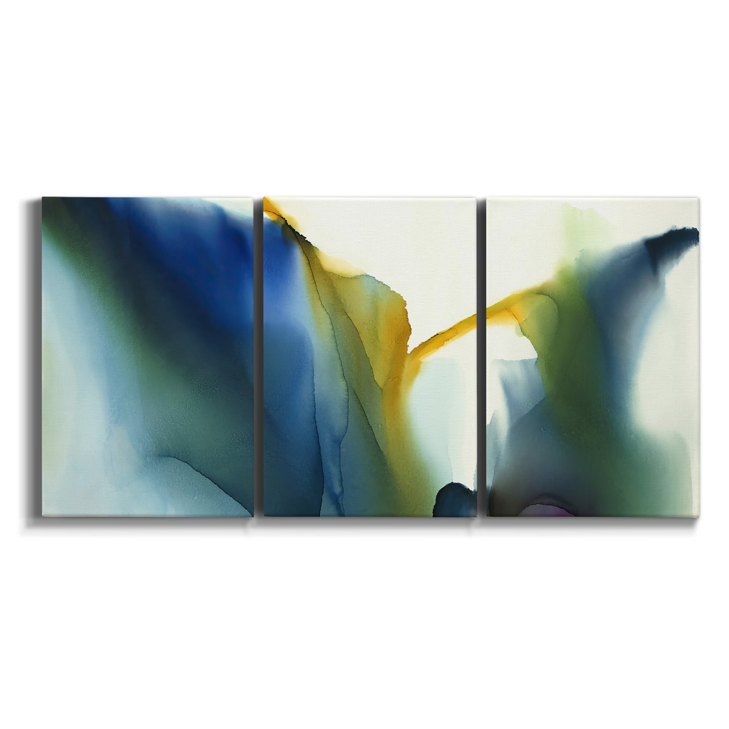 Three-panel canvas wall art featuring soft abstract mask like forms on white background.