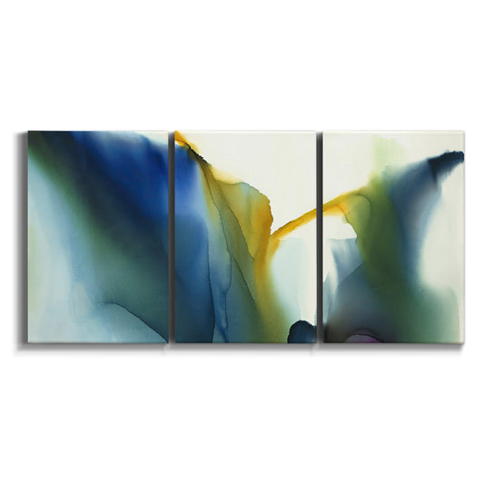 Three-panel canvas wall art featuring soft abstract mask like forms on white background.